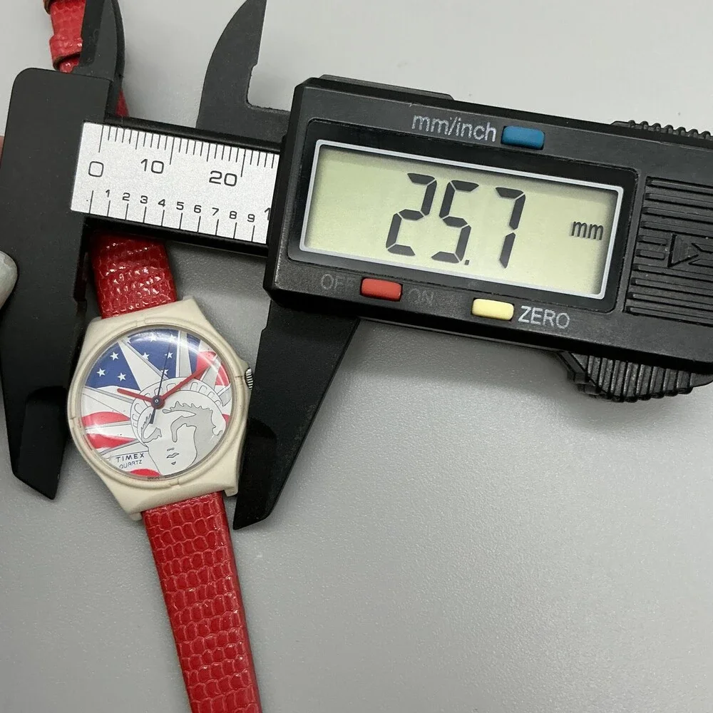Vintage Timex T Cell Womens Watch 26mm Liberty Flag Dial Red Leather New Battery